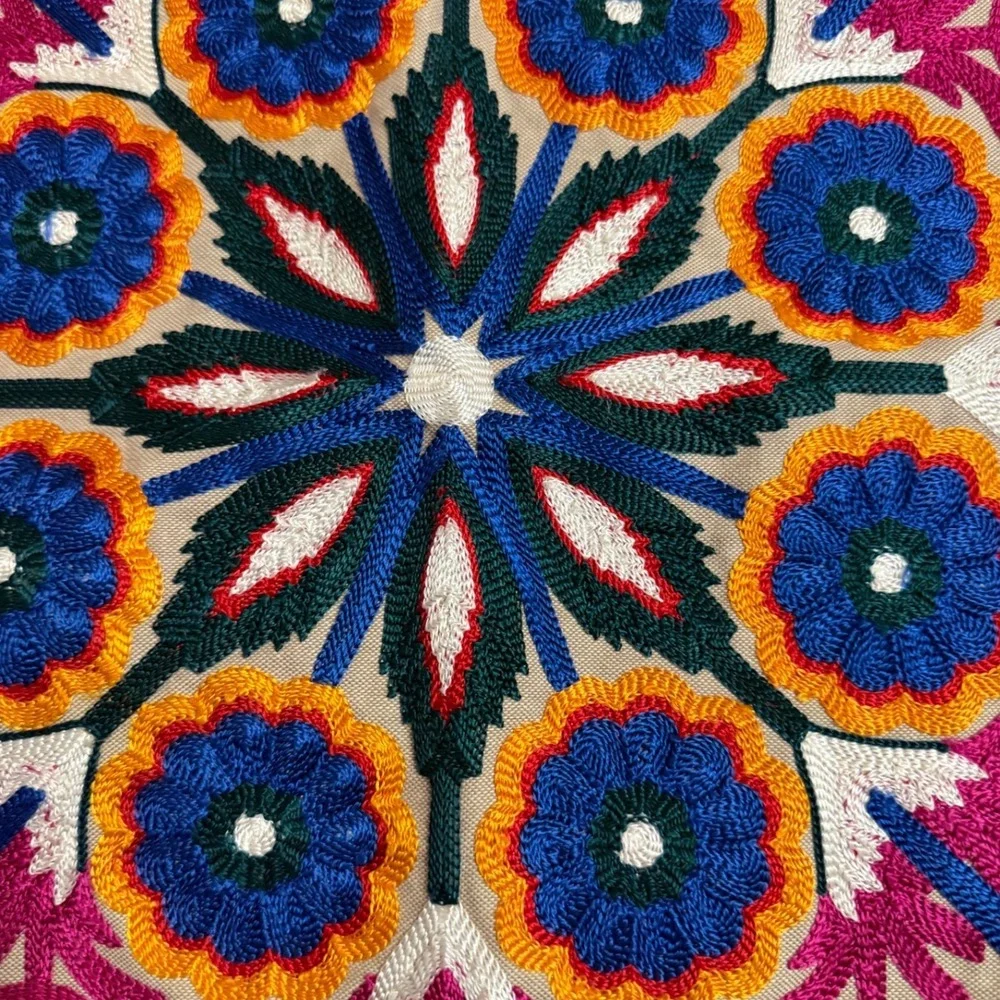 Chumbak Cushion Covers (2) 16x16 Forest Focus Pom Pom Trim Suzani Boho Indian